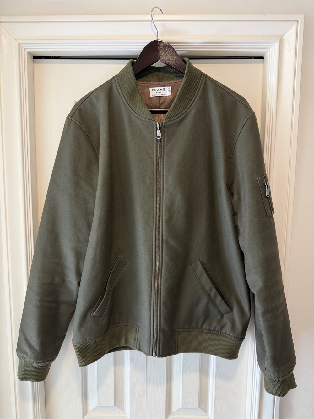 Frame Denim Olive Bomber Jacket with Sleeve Zip Pocket